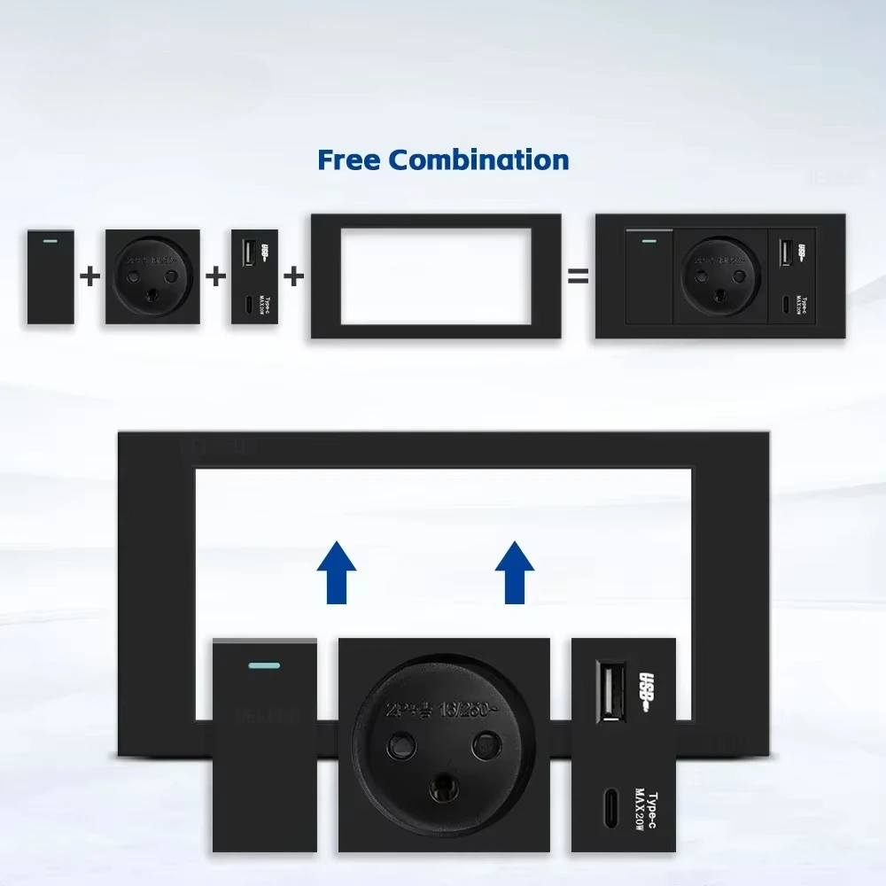 Melery Flame Retardant SC31 Panel 145mm Black Israel Standard USB TypeC Fast Charging Wall Socket Switch TV Tel CAT5 CAT6-Melery