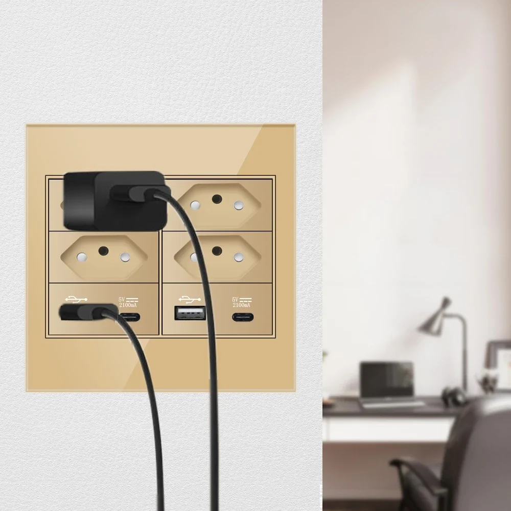 Melery  4x4 Fireproof Glass Panel Brazil Standard Outlet Double USB Type C Wall Power Socket Light Switch Office Golden 10A 20A-Melery