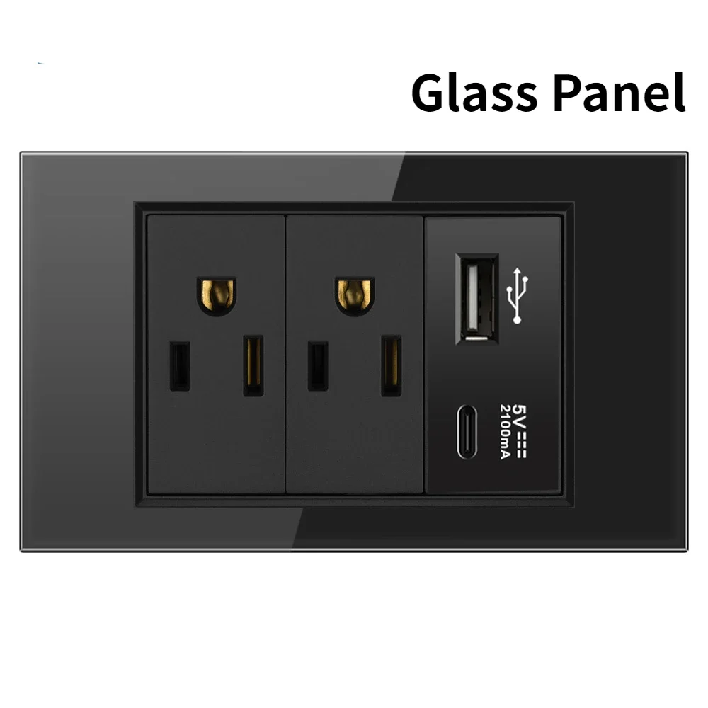 Melery US Power Wall Socket USB Type C Light Switch Double Pole Plastic&Glass Panel Outlet Plate Home Office Electrical Plug-Melery