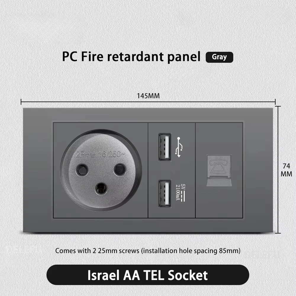 Melery Flame Retardant SC31 Panel 145mm Gray Israel Standard USB TypeC Fast Charging Wall Socket Switch TV Tel CAT5 CAT6-Melery