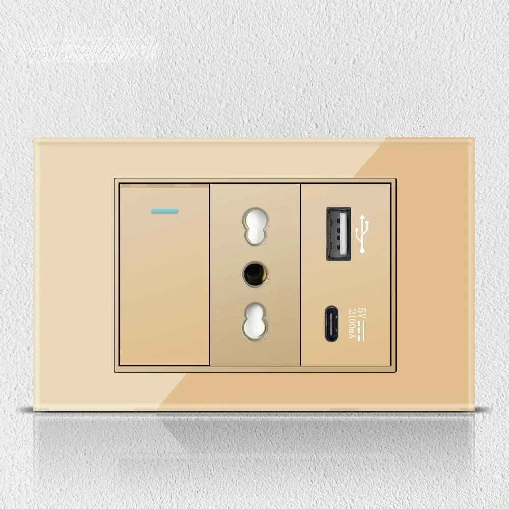 Melery Italy Chile Tempered Gold Glass Home Office EU Korean Outlet USB TypeC Korea Wall Socket Light Pressure Switch Electrical-Melery
