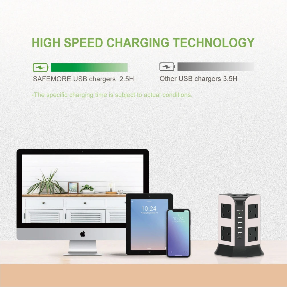 Melery UK Plug Vertical Power Strip British Extension Surge Protectors Tower 8 Outlet 4USB Sockets 2.1A Charge Port 6.5ft Cord 2m Cable-Melery