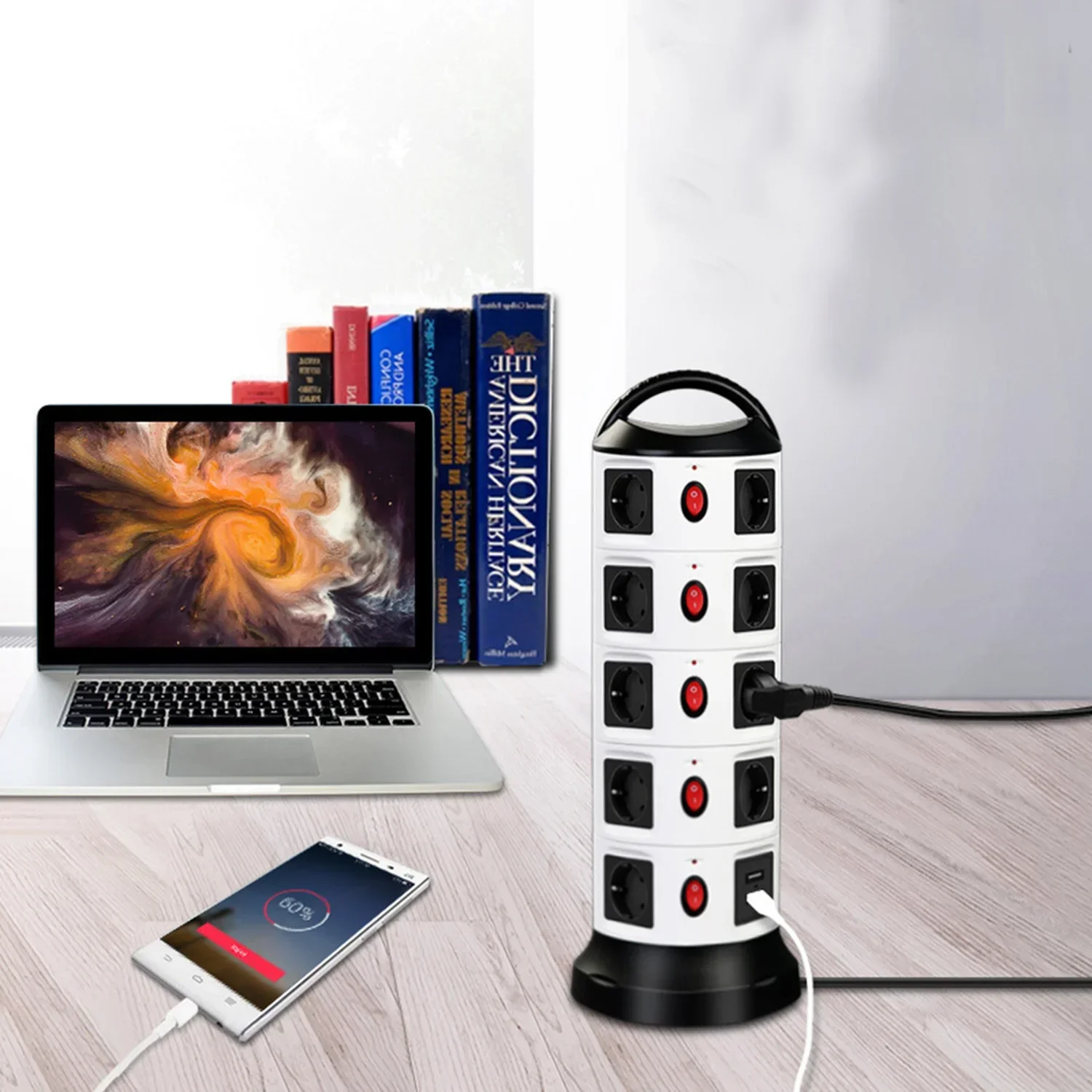 Melery Vertical Power Strip Multiple Tower Socket Surge Protector EU Plug Outlets with USB Switchable 1.8m Extension Cable Home Office-Melery