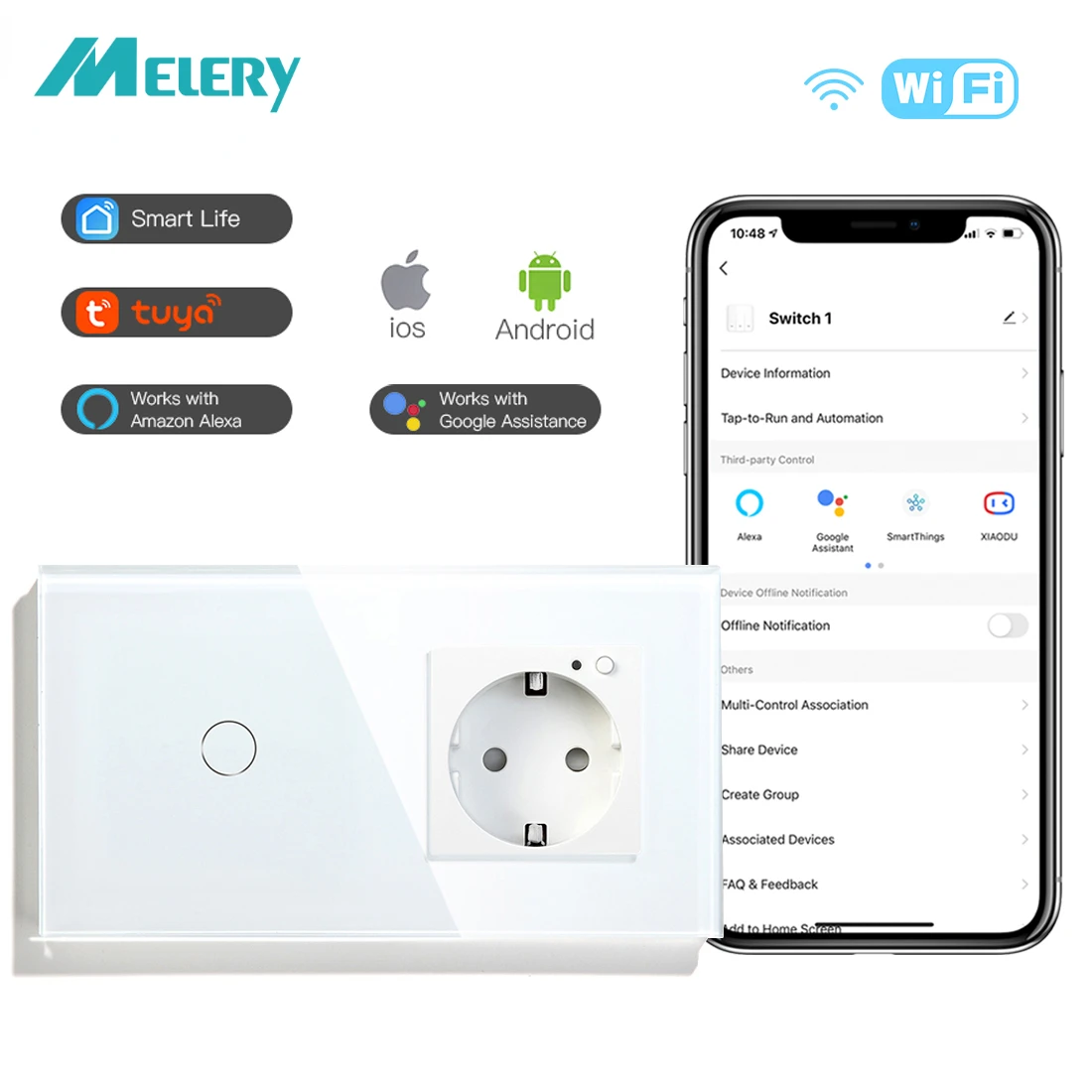 Melery  Smart Wifi Light Switch EU Socket Crystal Glass Panel Touch Sensor 1/2/3Gang Wireless Remote by Tuya Alexa Google Home-Melery