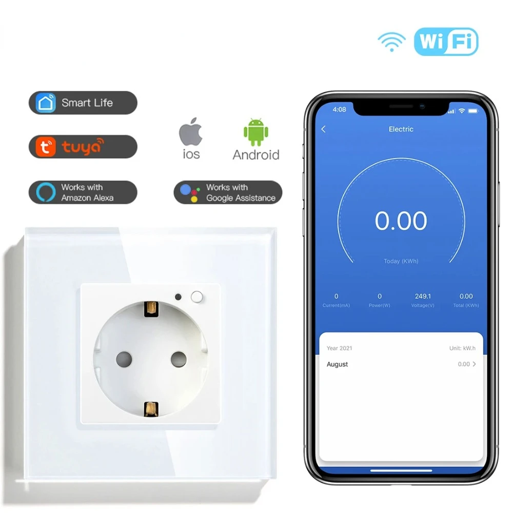 Melery  Wifi Smart Wall Socket EU Electrical Plug Outlet 86mm Power Monitor Tuya APP Remote Wireless Control by Alexa Google Home-Melery