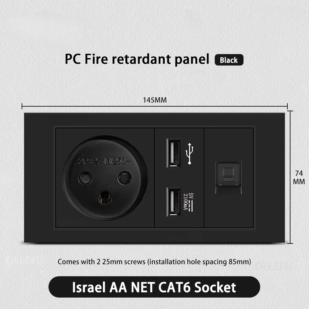 Melery Flame Retardant SC31 Panel 145mm Black Israel Standard USB TypeC Fast Charging Wall Socket Switch TV Tel CAT5 CAT6-Melery