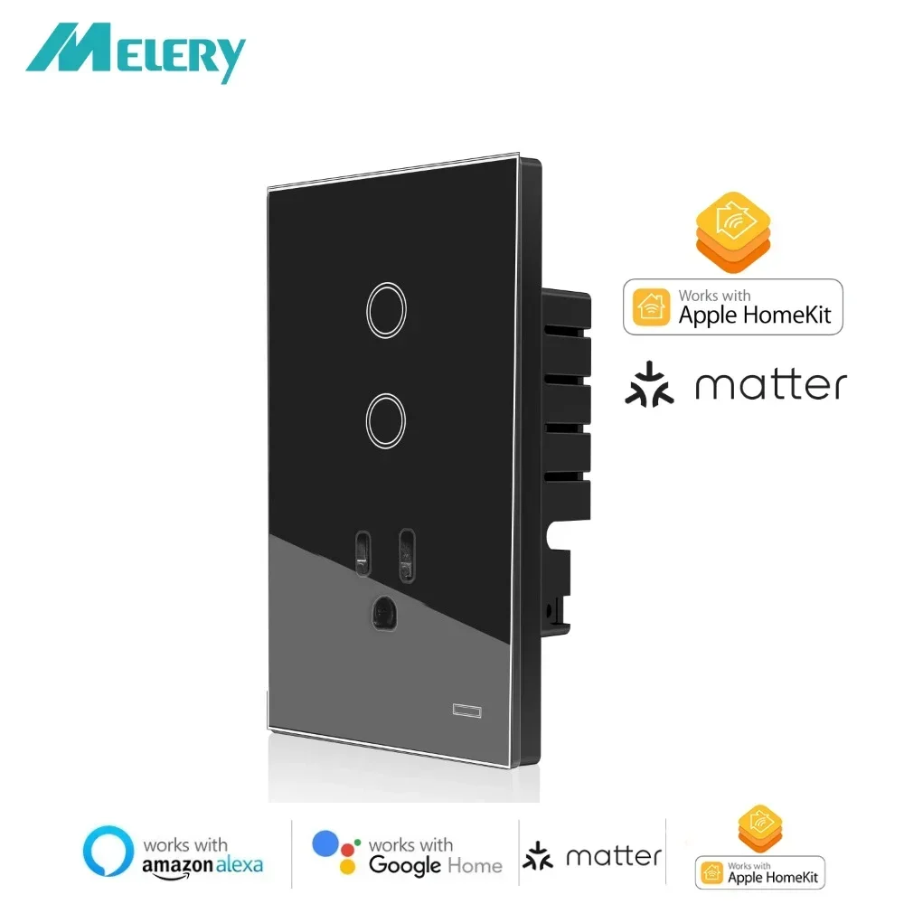 Melery Matter US Plug Wall Socket Mexico Thread Wifi Smart Tuya Light Switch USA Outlet Glass Panel Remote by Alexa Google Home-Melery