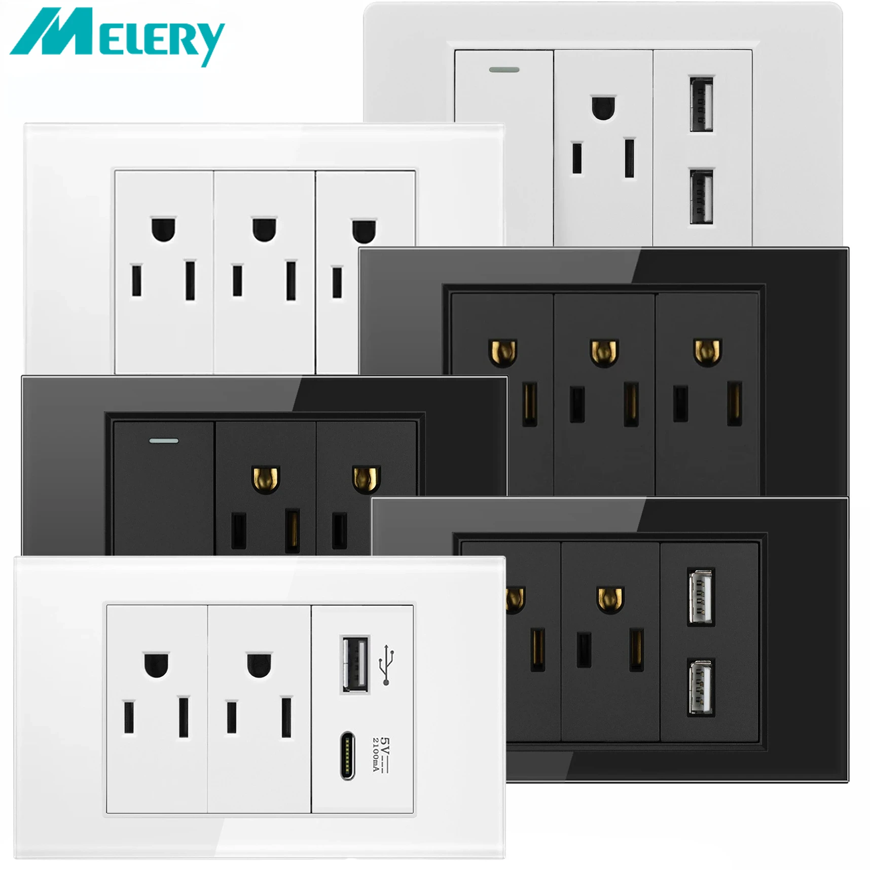Melery US Power Wall Socket USB Type C Light Switch Double Pole Plastic&Glass Panel Outlet Plate Home Office Electrical Plug-Melery