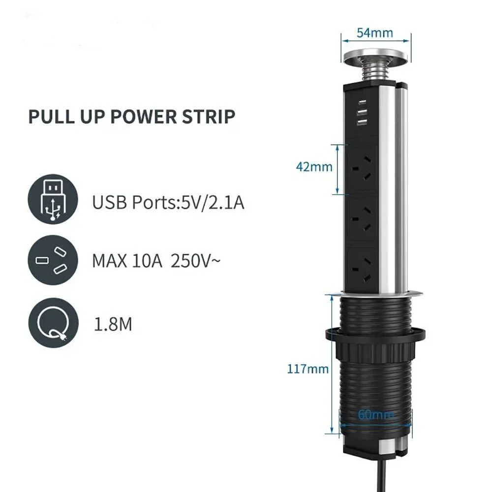 Melery  Pull Up Australia Type-C Socket Power Strip Electrical AU Plug Outlet 1.8m Ext Cord Desktop Hidden Kitchen Office Home-Melery