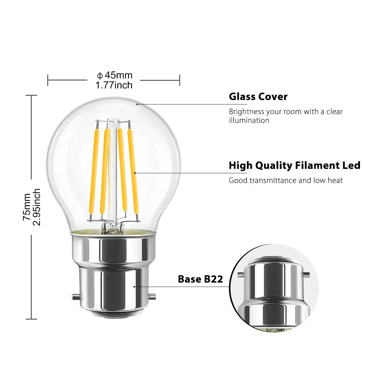 Melery B22 Filament LED Light Bulb 4W Incandescent Bayonet Lamp G45 2700K Warm White Replacement 40W Rustic Clear Energy Class A+ 6PACK-Melery