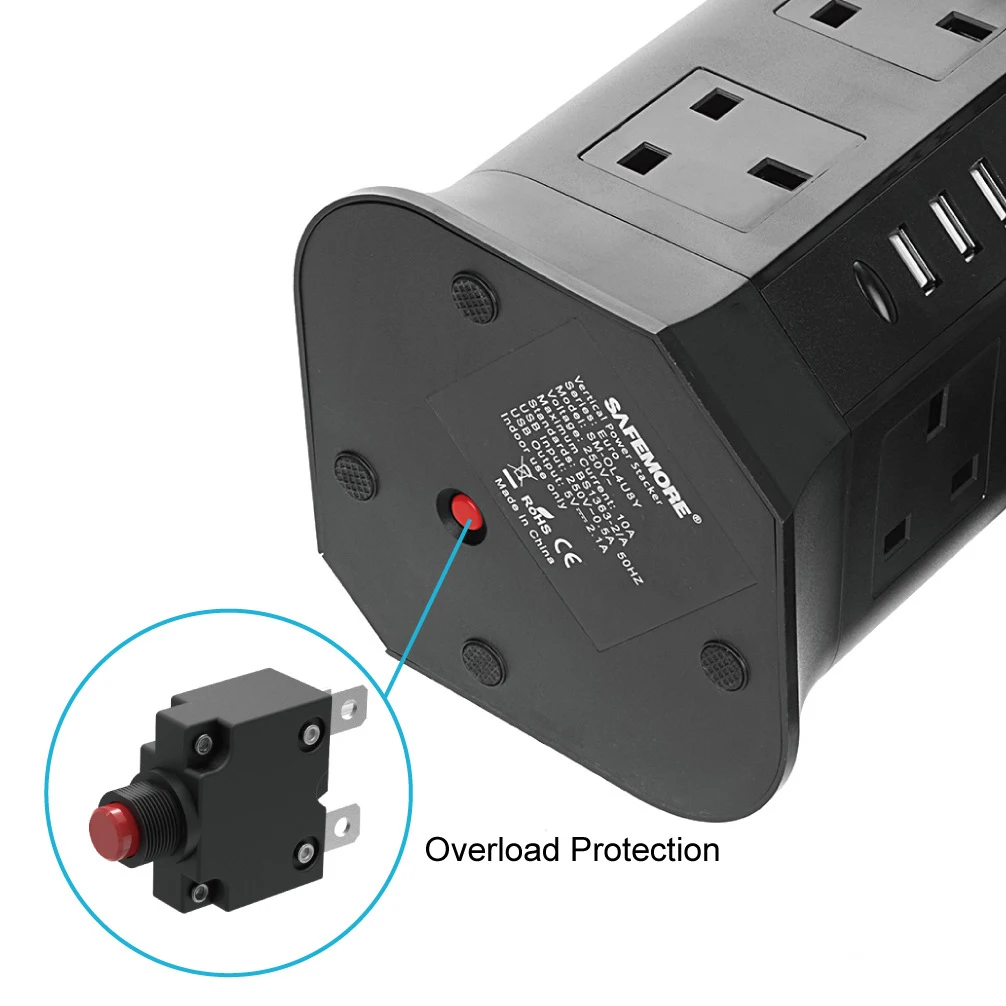 Melery UK Plug Vertical Power Strip British Extension Surge Protectors Tower 8 Outlet 4USB Sockets 2.1A Charge Port 6.5ft Cord 2m Cable-Melery