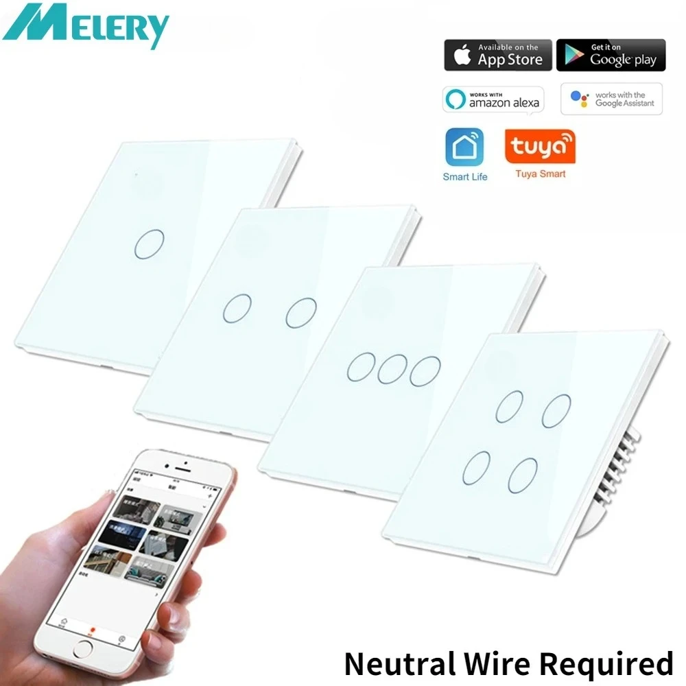 Melery Wifi Smart Light Switch Wall Glass Screen Interruptor Touch Panel Voice Control Wireless by Alexa Google Home 1/2/3/4Gang-Melery