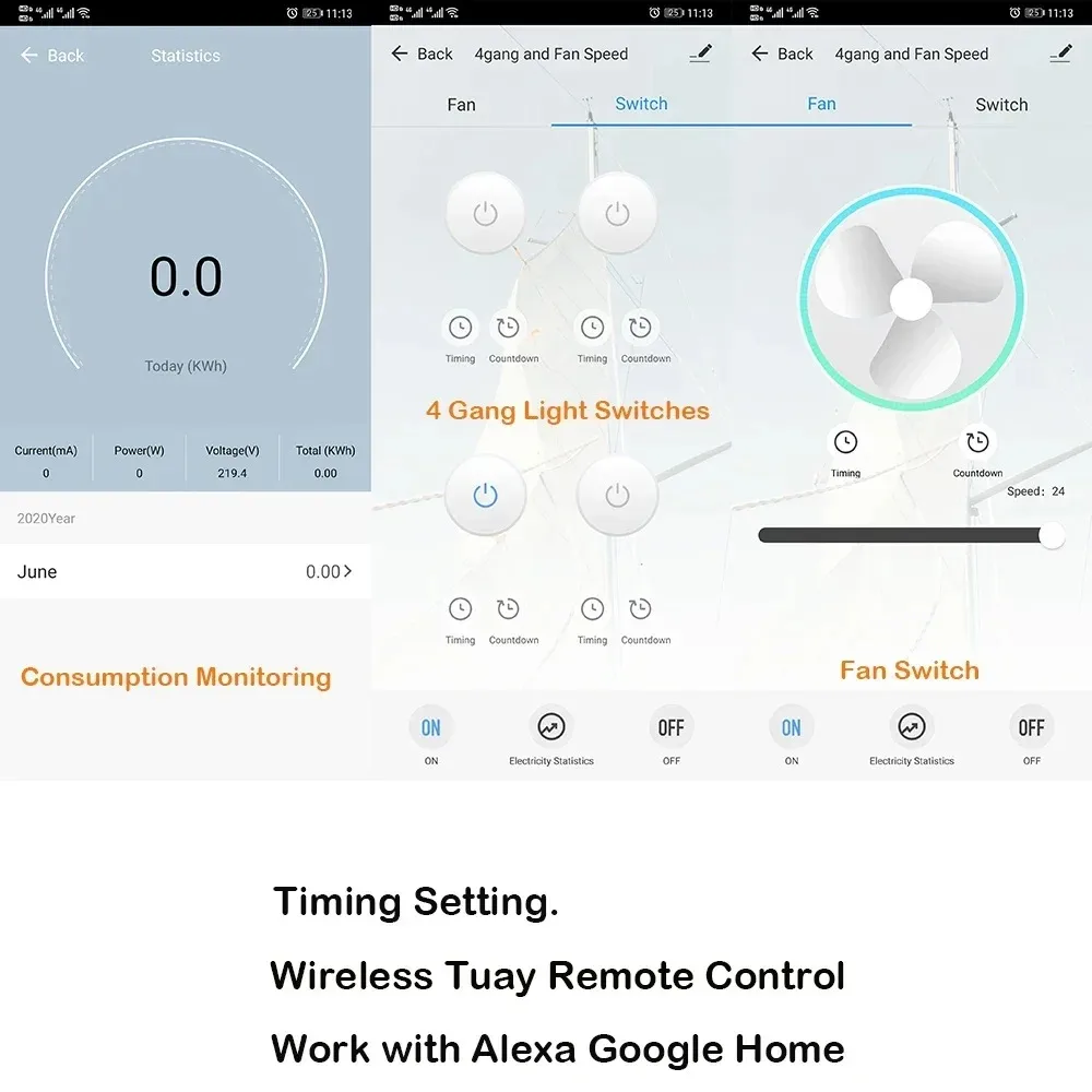Melery  Wifi Smart Tuya Light 4Gang Switch Fan Speed Interruptor Glass Touch Sensor Panel Power Monitor Remote Alexa Google Home-Melery