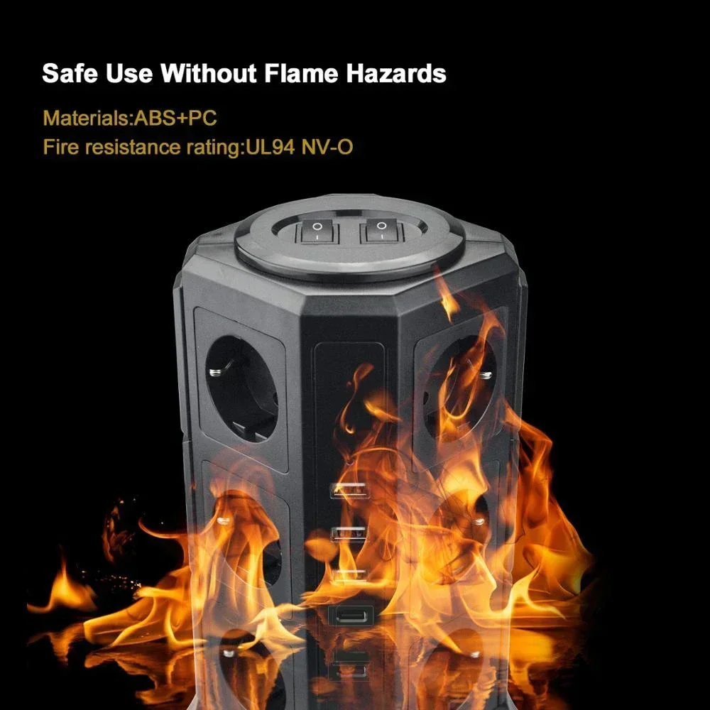 Melery  Tower Power Strip Vertical EU Plug Adapter Outlet Socket USB TYPE-C Surge Protector Circuit Protection 2m Extension Cord-Melery