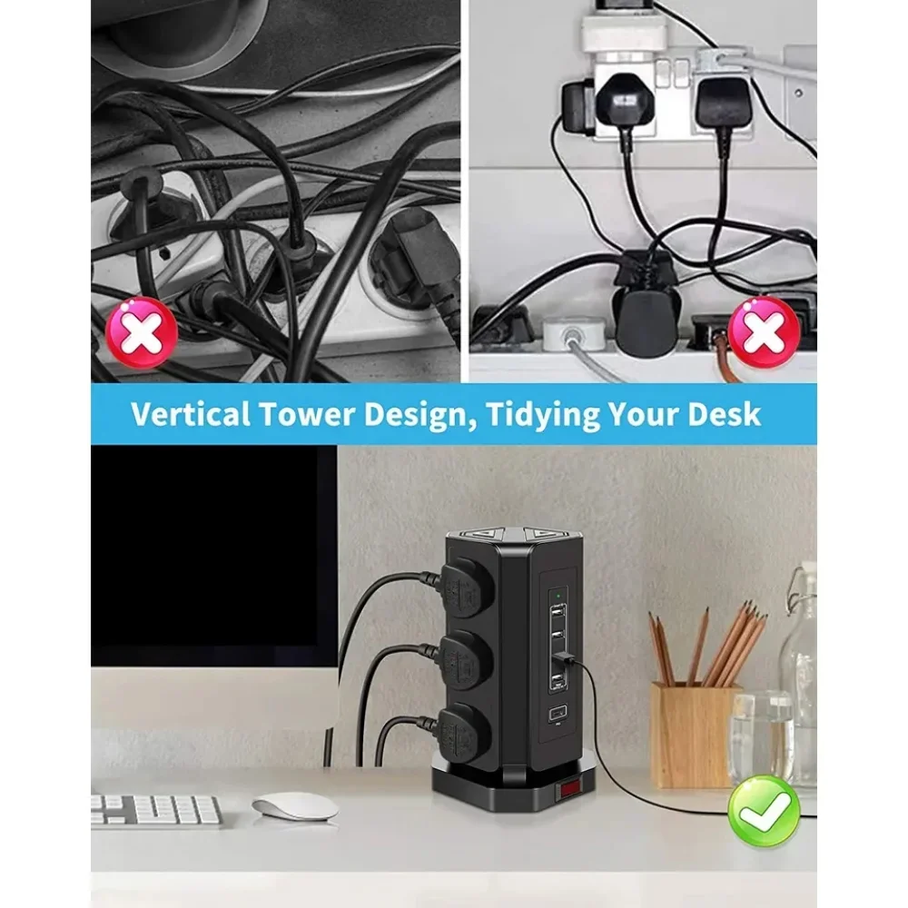 Melery  UK Tower Power Strip Surge Protector Plug Outlets Vertical Socket USB Charge Port Type C 1.8m Extenstion Cord Home Office-Melery