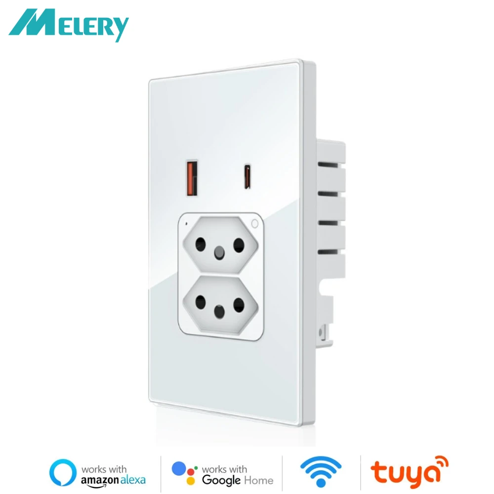 Melery Tuya Brazil Plug 20A WIFI Wall Socket USB Type-C PD 30W Smart Outlet Glass Panel Voice Remote by Google Home Alexa-Melery