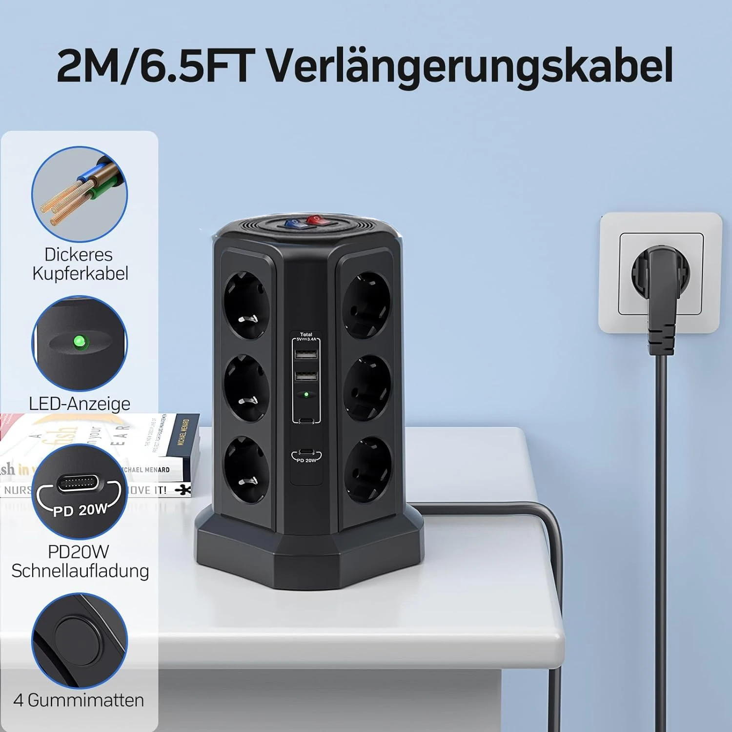 Melery  Multiple Power Strip Vertical EU Eectrical Plug Tower Outlet Socket USB Type-C 20W Surge Protector Circuit Extension Cord-Melery