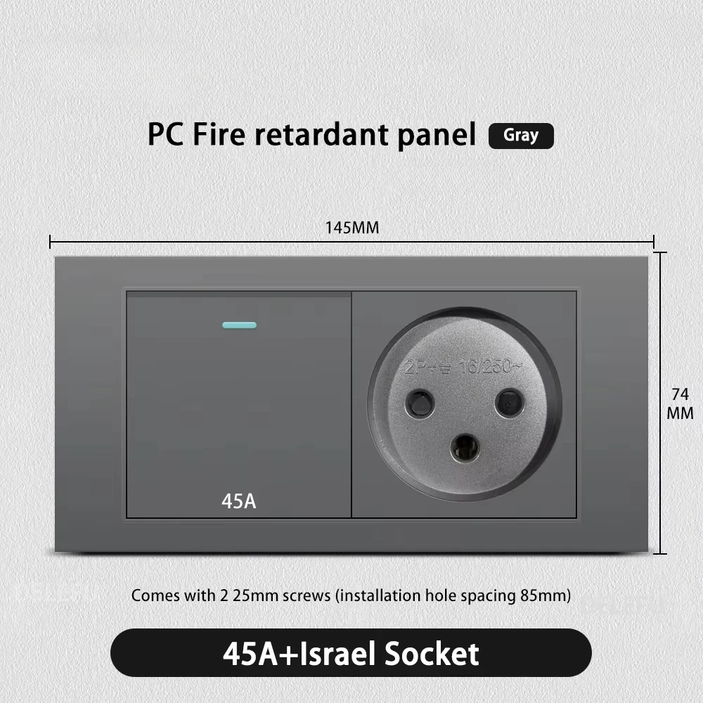Melery Flame Retardant SC31 Panel 145mm Gray Israel Standard USB TypeC Fast Charging Wall Socket Switch TV Tel CAT5 CAT6-Melery