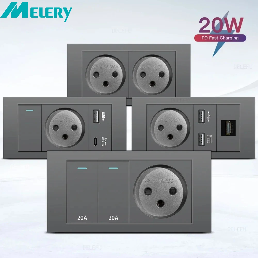 Melery Flame Retardant SC31 Panel 145mm Gray Israel Standard USB TypeC Fast Charging Wall Socket Switch TV Tel CAT5 CAT6-Melery