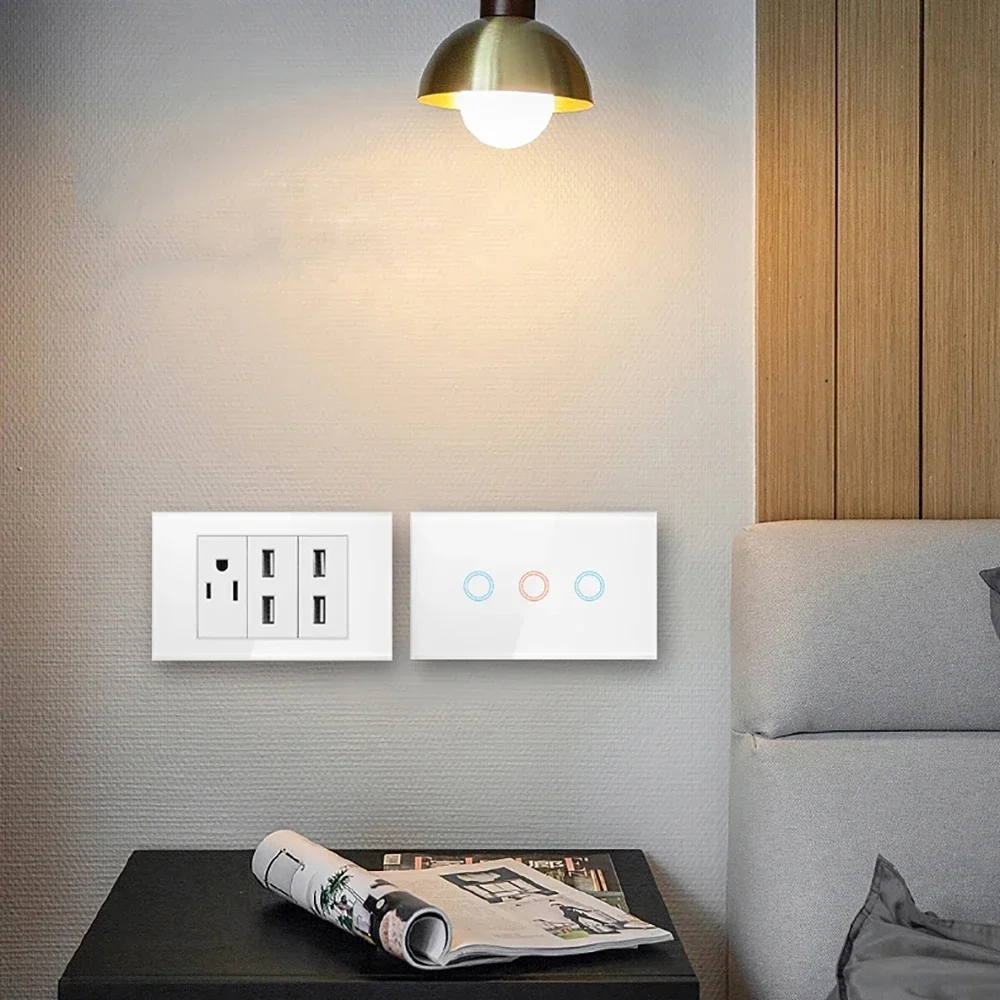 Melery US Power Wall Socket USB Type C Light Switch Double Pole Plastic&Glass Panel Outlet Plate Home Office Electrical Plug-Melery