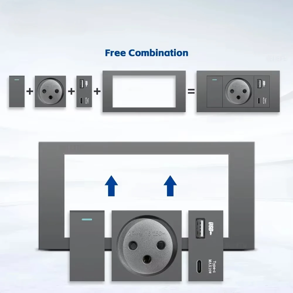 Melery Flame Retardant SC31 Panel 145mm Gray Israel Standard USB TypeC Fast Charging Wall Socket Switch TV Tel CAT5 CAT6-Melery
