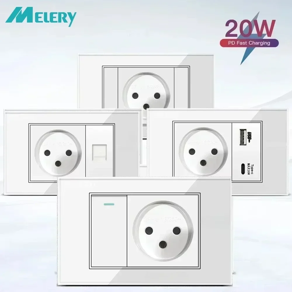 Melery White Tempered Glass Israel Standard USB Type C Fast Charging Wall Socket Light Switch Satellite TV Tel CAT5 CAT6-Melery