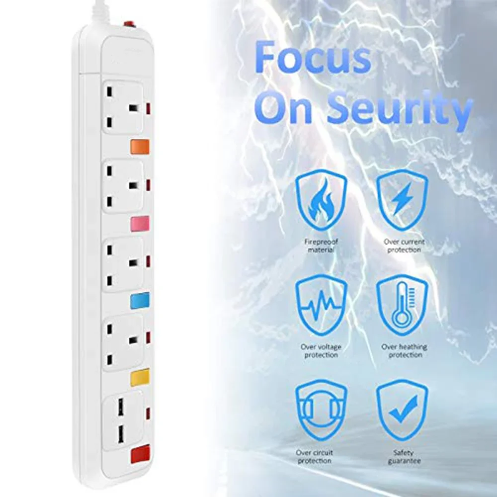 Melery  Power Strip Surge Protection UK Electric Plug Adapter 2m Extension Lead 4 Gang/Way 2 USB Mountable  Individually Switched-Melery