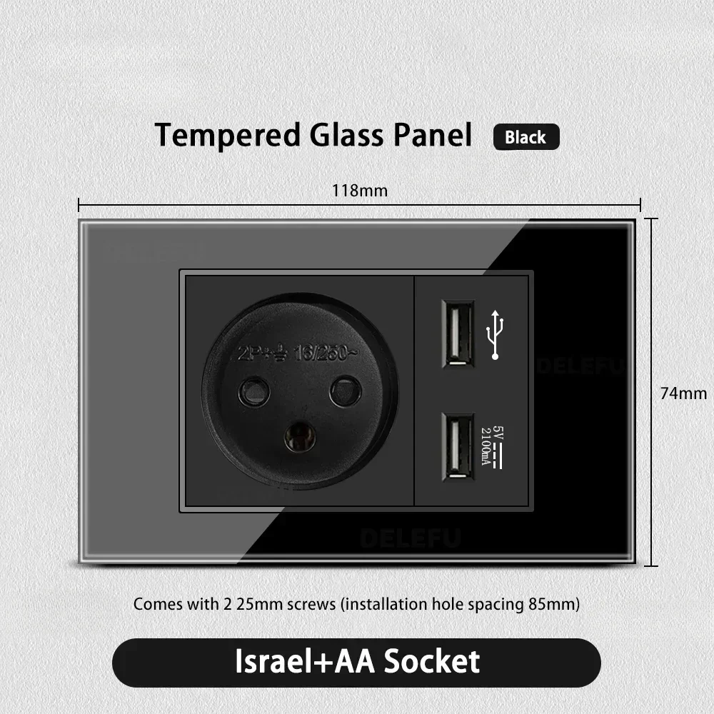 Melery Tempered Glass Israel Standard Wall Socket USB 20W Type C Fast Charging Satellite TV Tel CAT5 CAT6 Outlet Light Switch-Melery