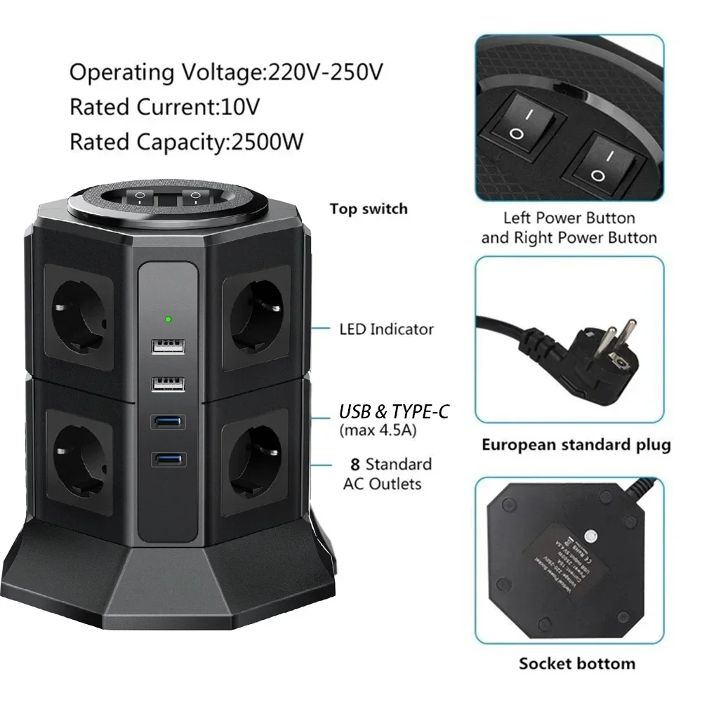 Meler Vertical Power Strip Surge Protector Multiple Sockets EU Electrical Plug Outlet USB Type-C Fast Charger 2m Extension Cable-Melery