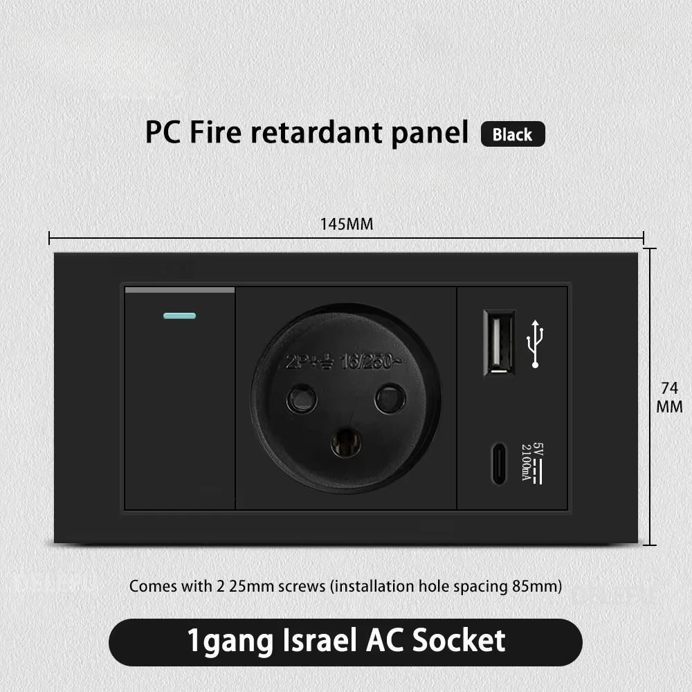 Melery Flame Retardant SC31 Panel 145mm Black Israel Standard USB TypeC Fast Charging Wall Socket Switch TV Tel CAT5 CAT6-Melery