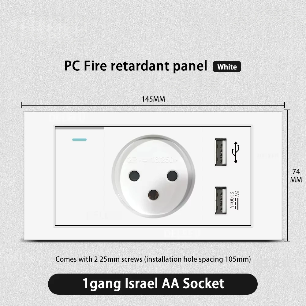 Melery Flame Retardant SC31 Panel 145mm White Israel Standard USB TypeC Fast Charging Wall Socket Switch TV Tel CAT5 CAT6-Melery
