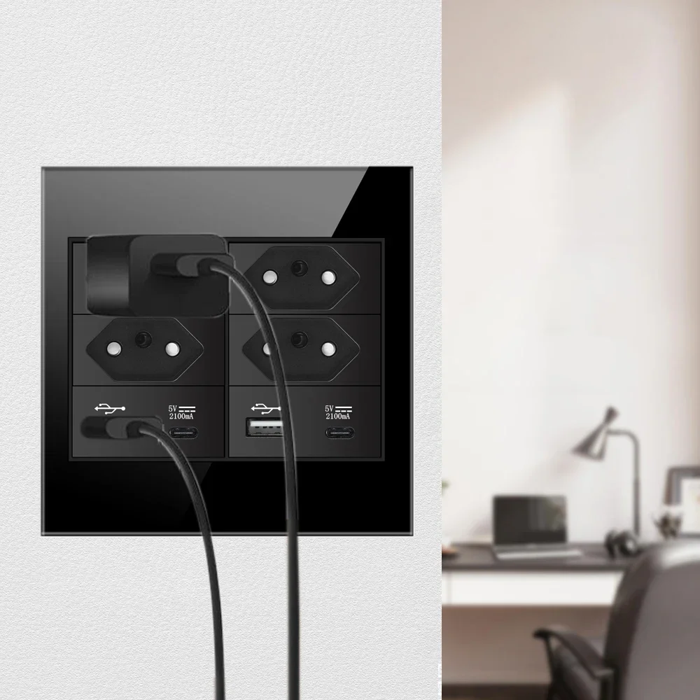 Melery  4x4 Fireproof Glass Panel Brazil Standard Outlet Double USB Type C Wall Power Socket Light Switch Office Black 10A 20A-Melery
