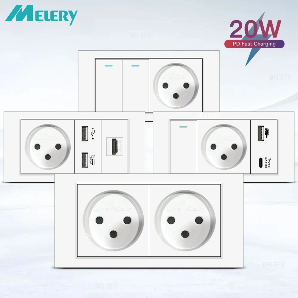 Melery Flame Retardant SC31 Panel 145mm White Israel Standard USB TypeC Fast Charging Wall Socket Switch TV Tel CAT5 CAT6-Melery