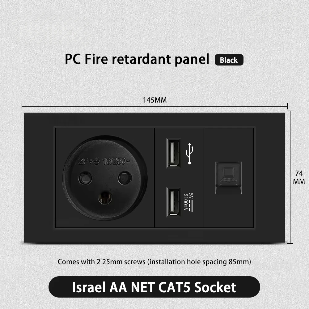 Melery Flame Retardant SC31 Panel 145mm Black Israel Standard USB TypeC Fast Charging Wall Socket Switch TV Tel CAT5 CAT6