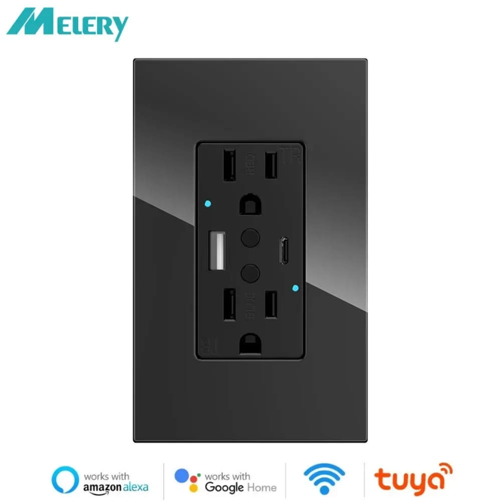 Melery Wifi Smart Tuya US Wall Socket USB Type-C PD 20W Fast Charge Outlet Electrical Plug Glass Panel Remote Alexa Google Home-Melery