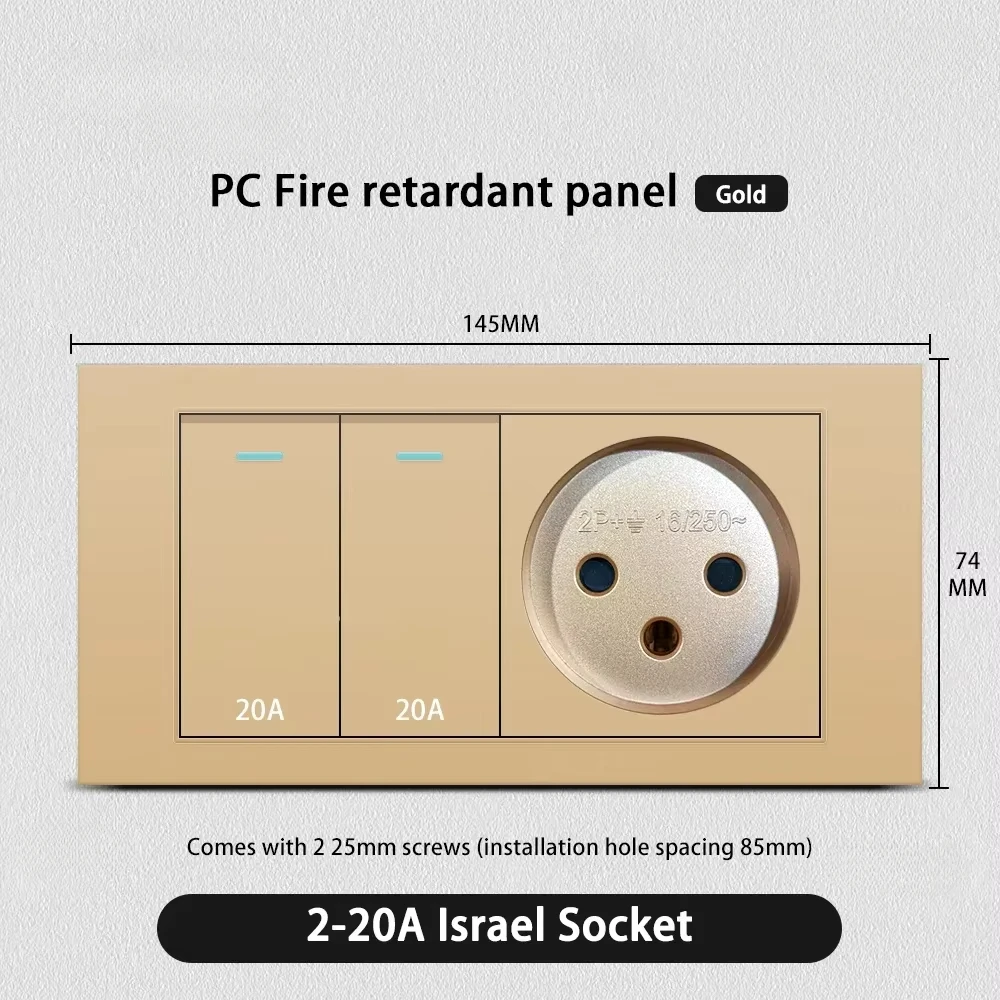 Melery Flame Retardant SC31 Panel 145mm Gold Israel Standard USB TypeC Fast Charging Wall Socket Switch TV Tel CAT5 CAT6-Melery