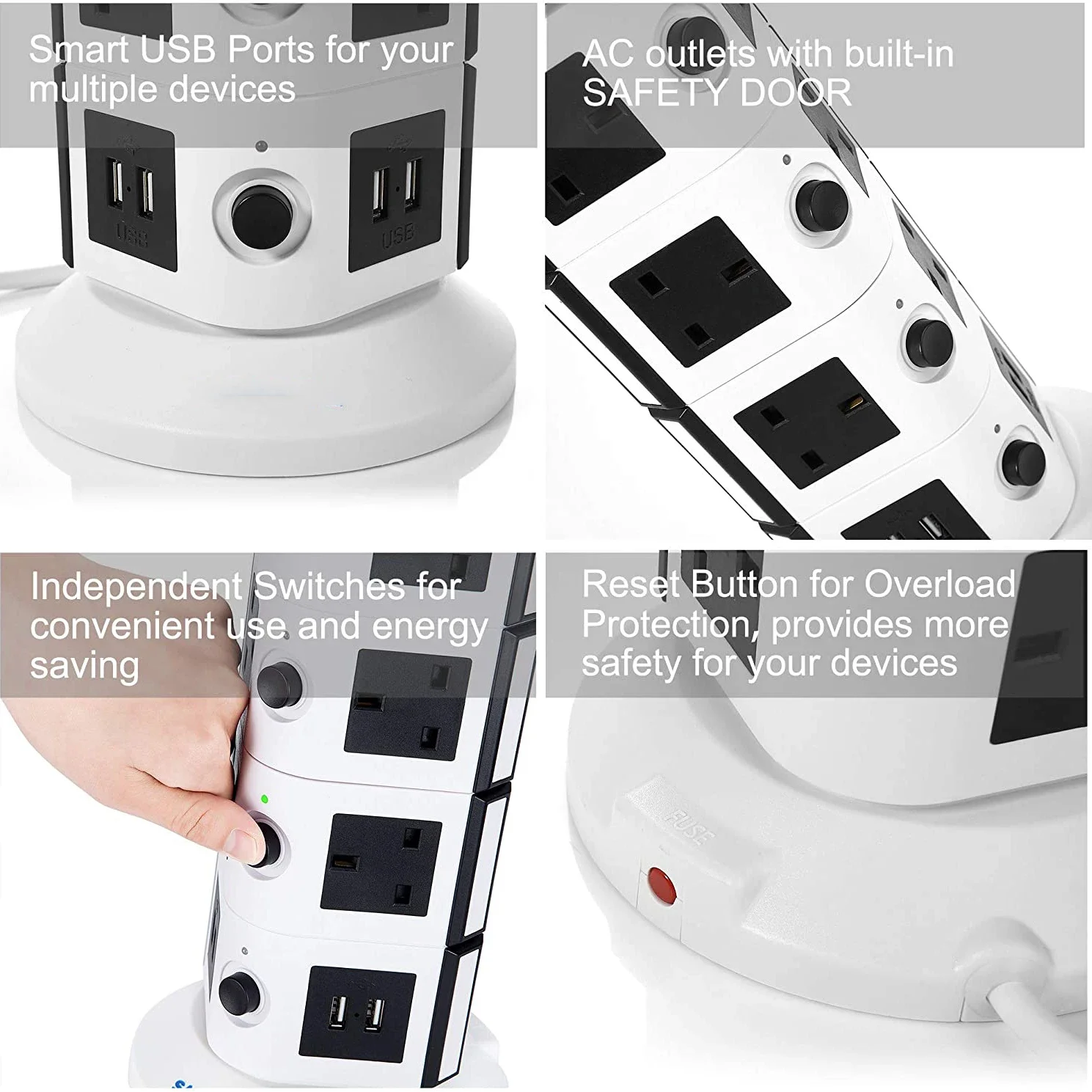 Melery Vertical Power Strip Multiple Surge Protector Extension Socket Individually Switched Plug Outlet USB Charging Station 2m Cable-Melery