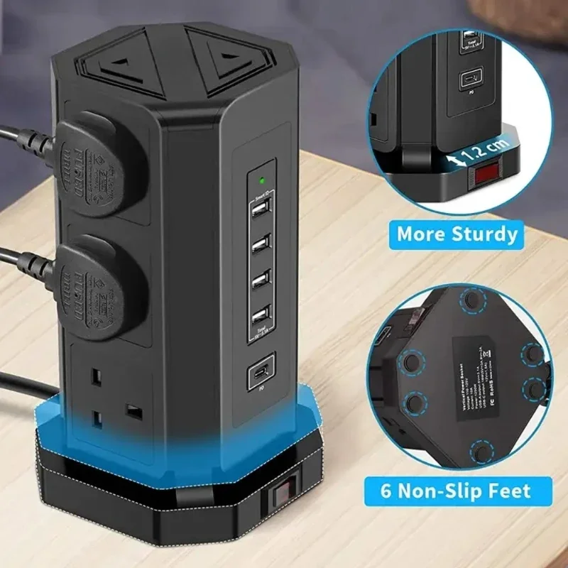 Melery  UK Tower Power Strip Surge Protector Plug Outlets Vertical Socket USB Charge Port Type C 1.8m Extenstion Cord Home Office-Melery