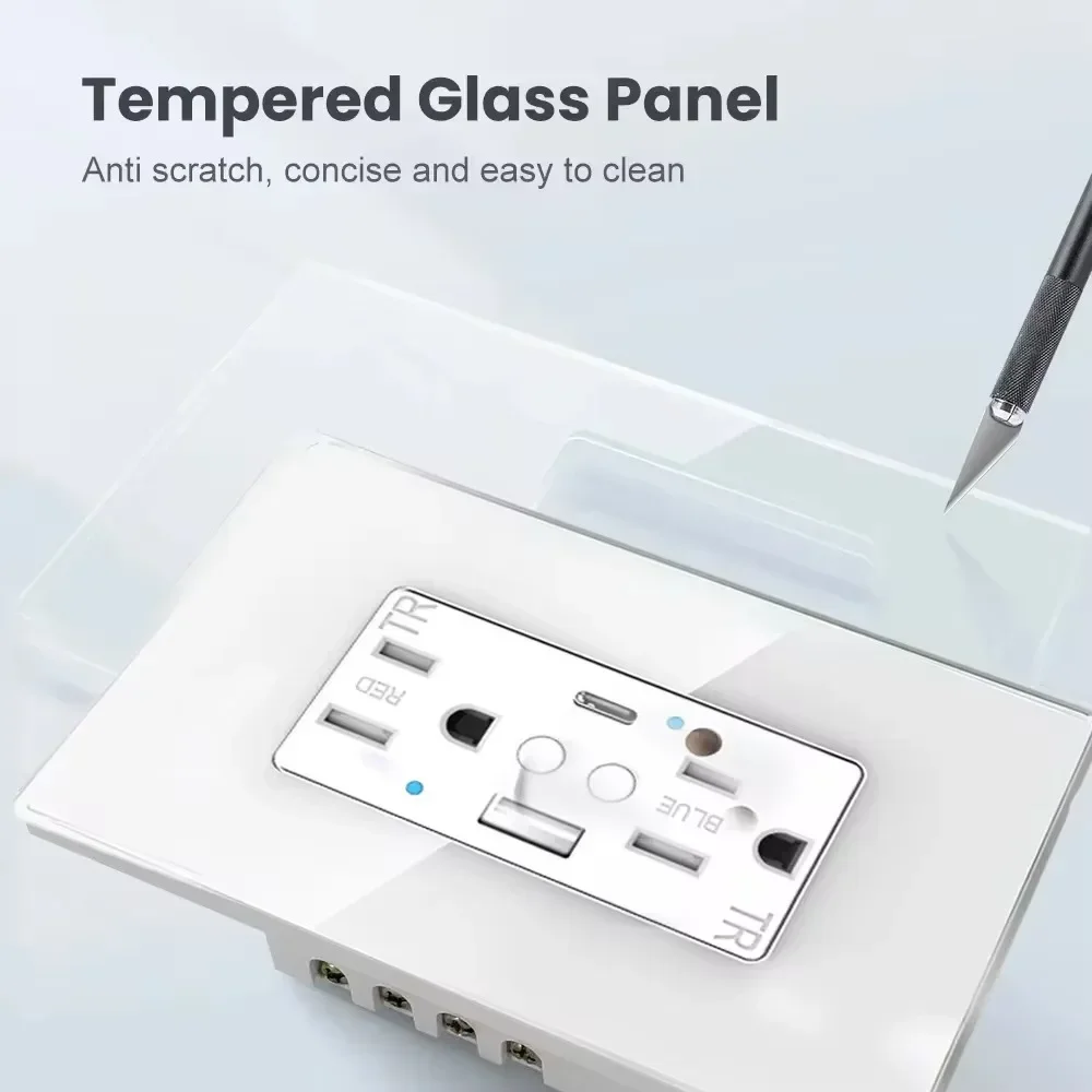 Melery Wifi Smart Tuya US Wall Socket USB Type-C PD 20W Fast Charge Outlet Electrical Plug Glass Panel Remote Alexa Google Home-Melery