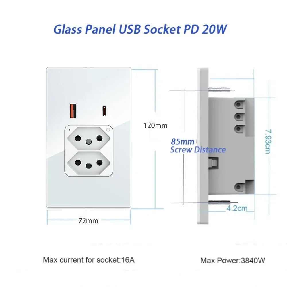 Melery Tuya Brazil Plug 20A WIFI Wall Socket USB Type-C PD 30W Smart Outlet Glass Panel Voice Remote by Google Home Alexa-Melery