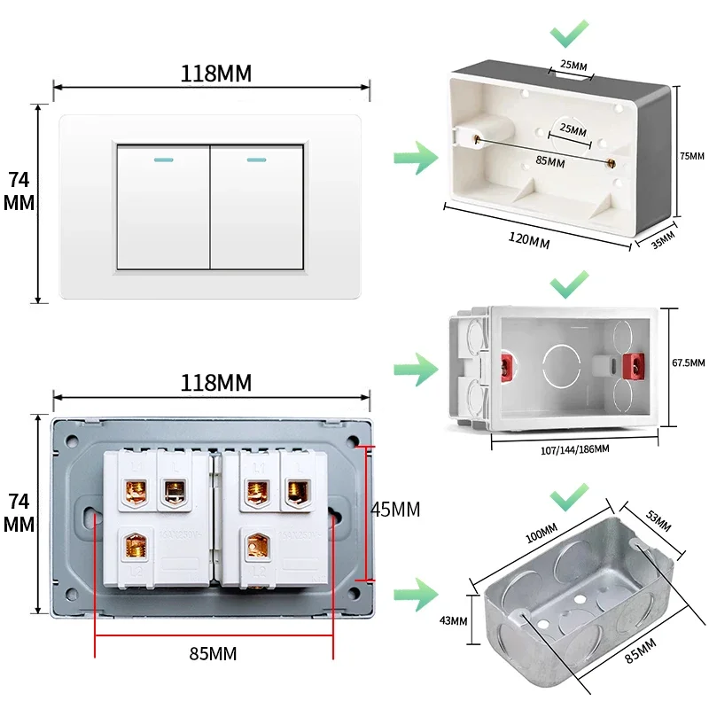 Melery  White Black Gray 16A 118*72 US Brazil Italy Light Switch,PC Panel 1/2/3/4gang 1/2way Switch on Off,Wall Electrical Outlet-Melery