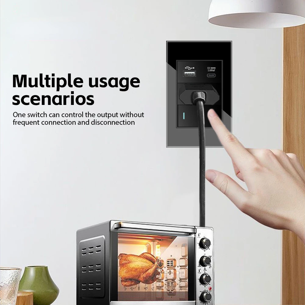 Melery  Black Tempered Glass Italy Standard Home Office EU Outlet USb Type C Chile Korea Wall Socket Light Pressure Switch 118-Melery