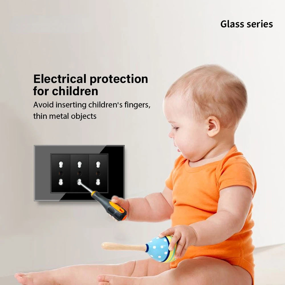 Melery  Black Tempered Glass Italy Standard Home Office EU Outlet USb Type C Chile Korea Wall Socket Light Pressure Switch 118-Melery