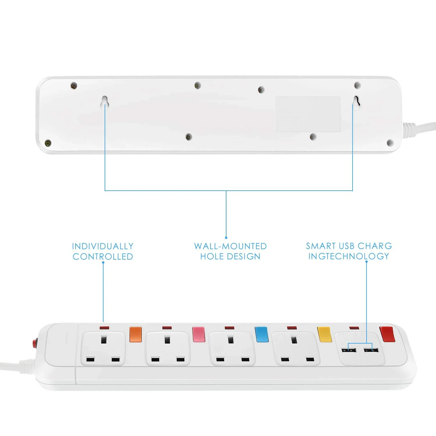 Melery  Power Strip Surge Protection UK Electric Plug Adapter 2m Extension Lead 4 Gang/Way 2 USB Mountable  Individually Switched-Melery
