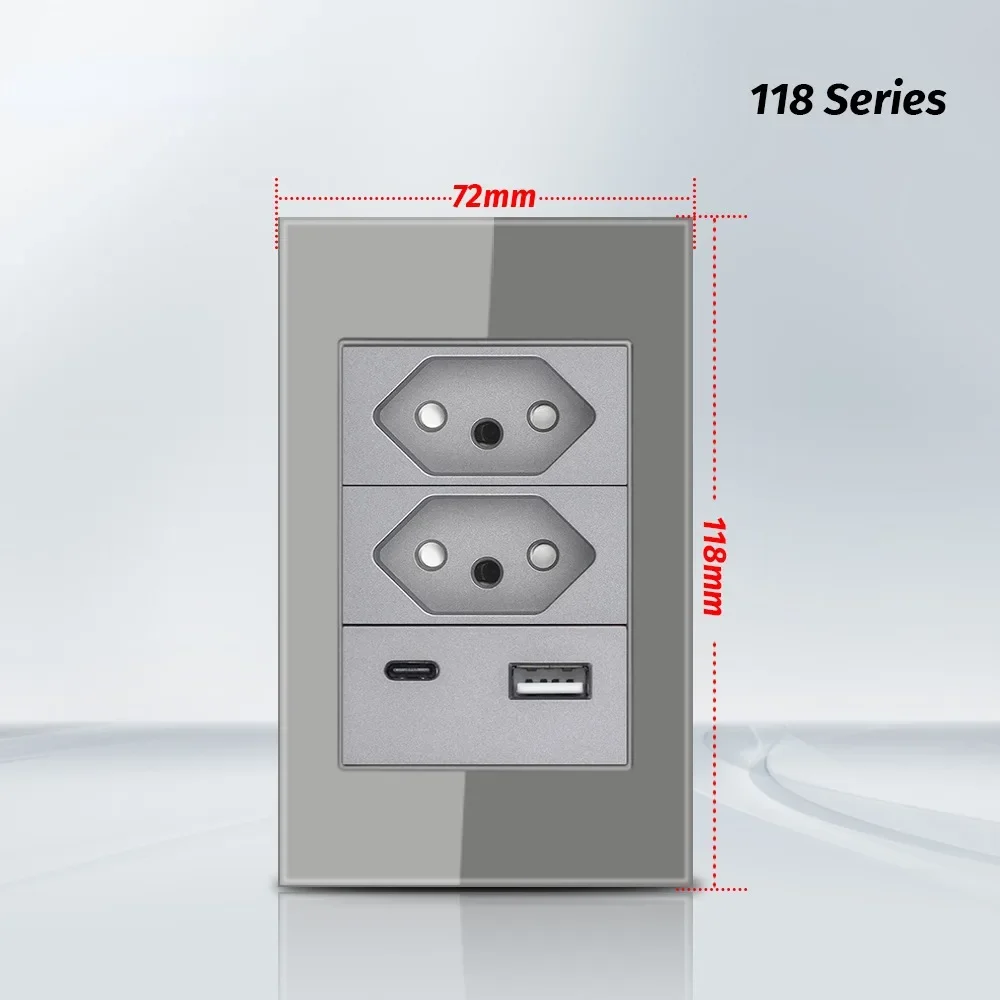 Melery  Brazil USB Wall Socket Fast Charge Type C  PD 20W White Black Gray 118*72mm Outlet 20A Tempered Glass Panel Home Office-Melery