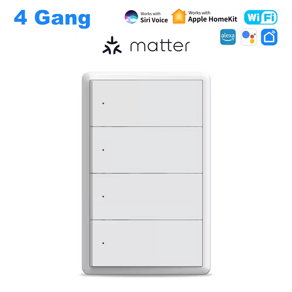 Melery Matter WiFi Smart Wall Light Switch 1 2 3 4 Gangs with Neutral Wire Push Physical Light Switches work with Homekit App-Melery