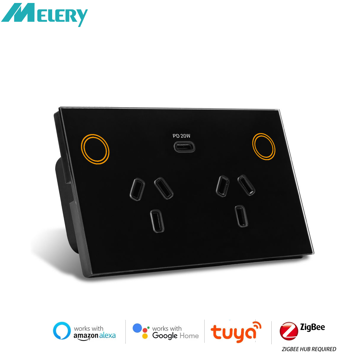 Melery Smart Zigbee AU Argentina SAA Certificate Double Wall Socket Wireless Power Point Glass Panel Remote by Alexa Google Home Assistant Hub Required-Melery