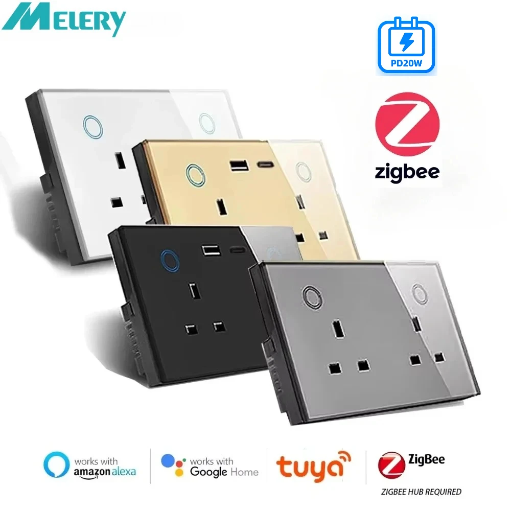 Melery Zigbee Smart Tuya USB PD 20W Type C Charge Wall Socket UK Plug Outlet Touch Switch Wireless Remote by Alexa Google Home-Melery