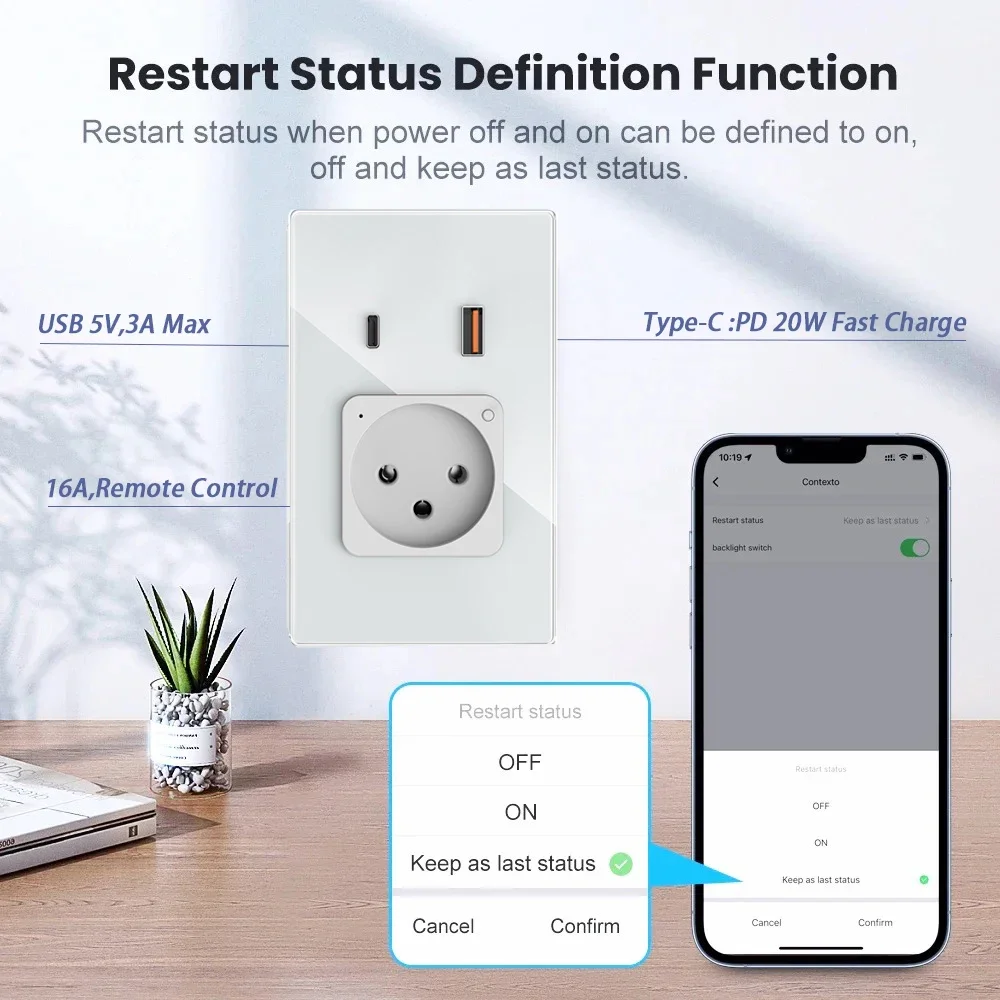 Melery  Wifi Smart Israel Wall Socket USB Plug Outlet Type-C PD 20W Fast Charge Glass Panel Remote Control by Alexa Google Home-Melery