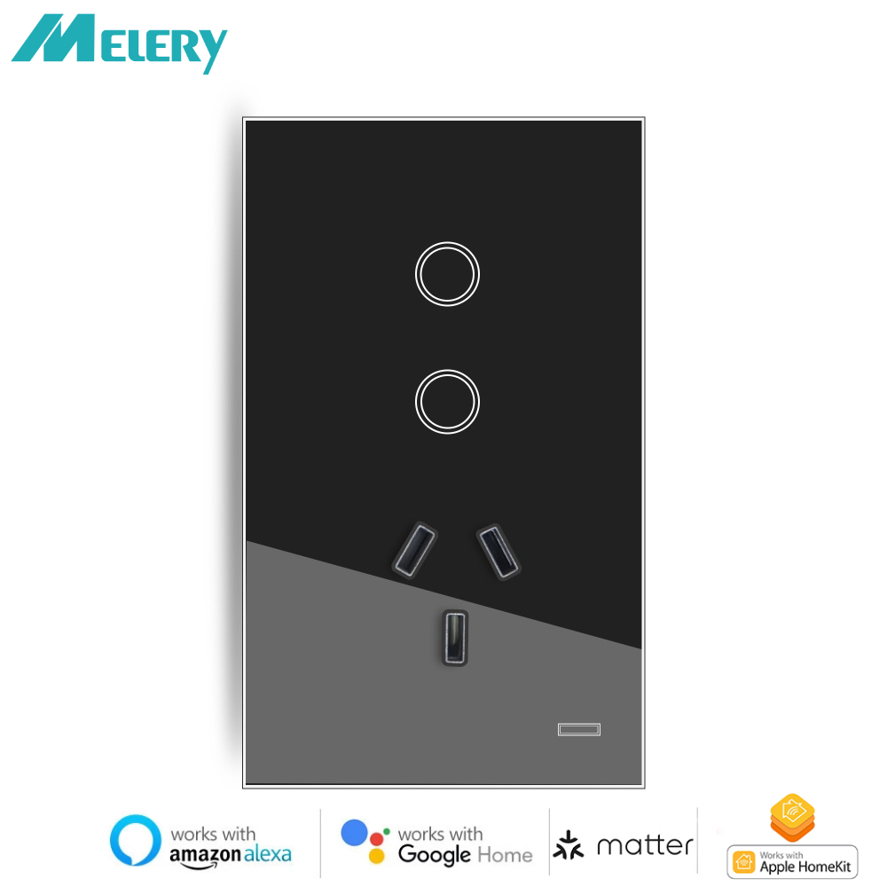 Melery Matter Smart WiFi AU Plug Wall Socket with 1/2gang Light Switch Glass Panel Remote via Homekit Alexa Google Home